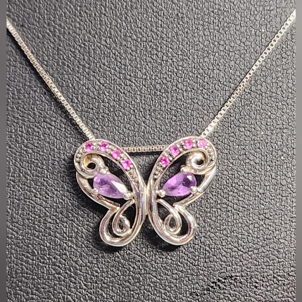 Sterling Butterfly Necklace with Pink CZs and Amythest Accents
